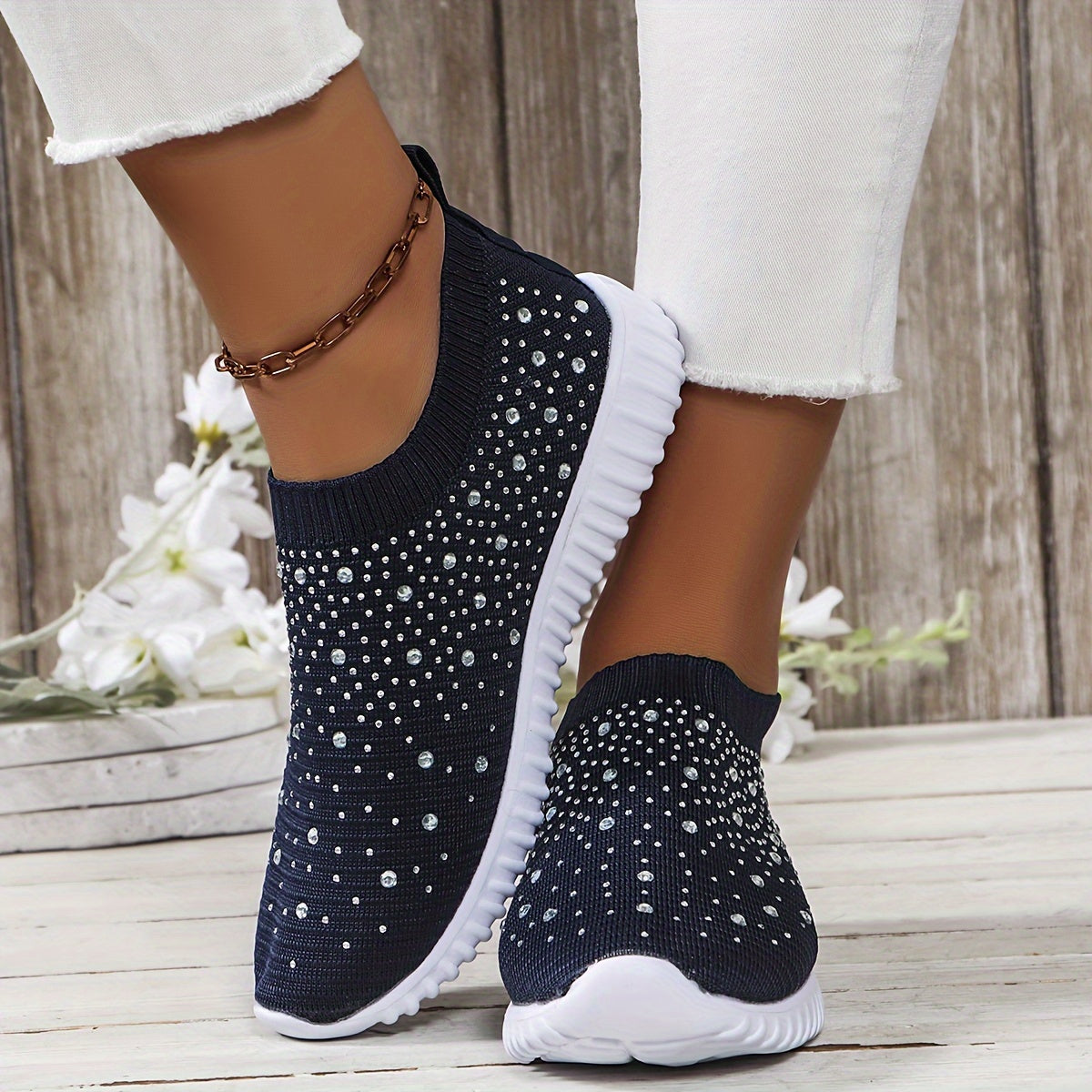 Women's Walking Sneakers With Rhinestone Decor, Breathable Fabric Casual Shoes, Comfortable Athletic Camp Shoes, Slip-on Trainer Footwear With Chunky Sole